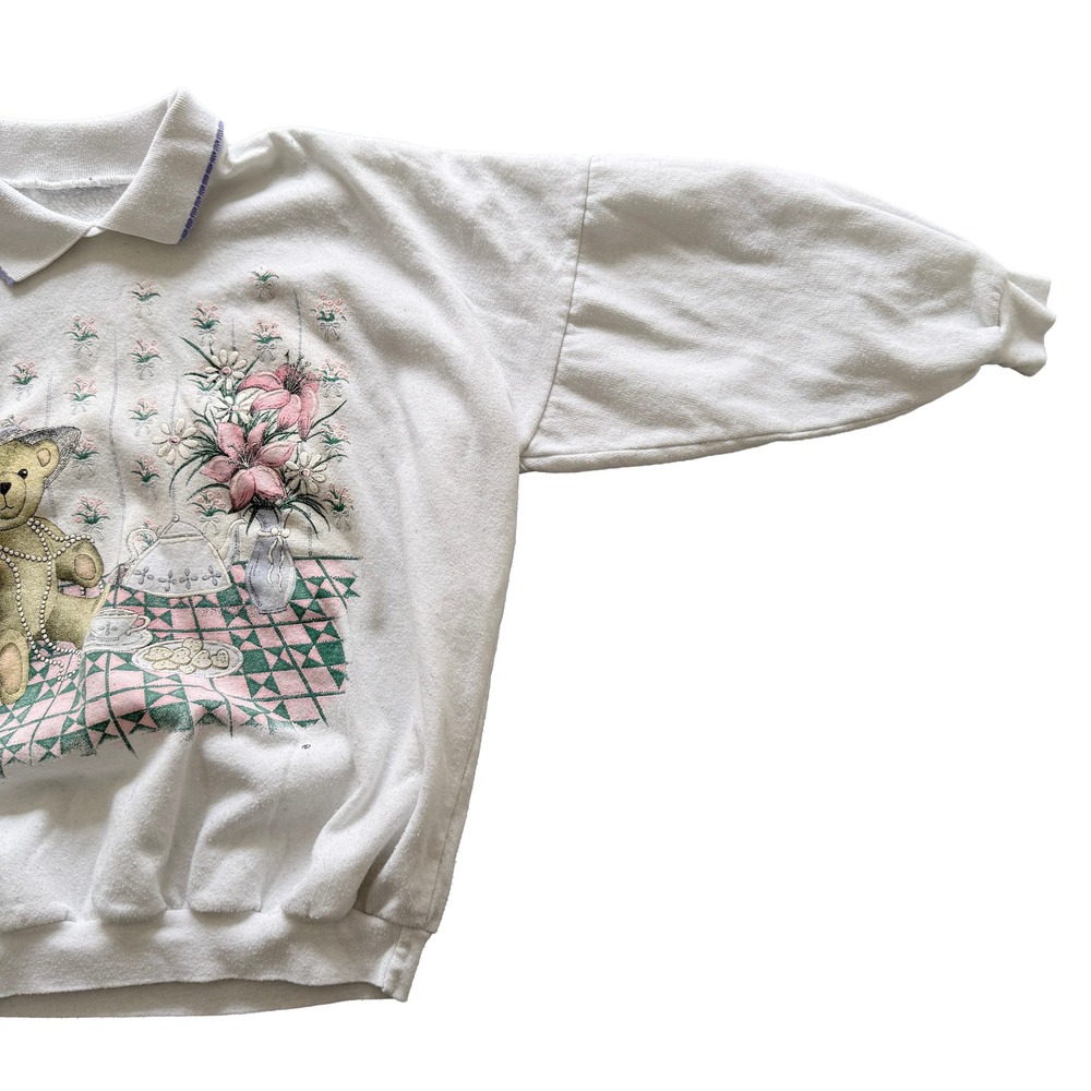 Vintage White Teddy Bear Tea Party Graphic Sweatshirt Polo Collar Women Large - Picture 6 of 8